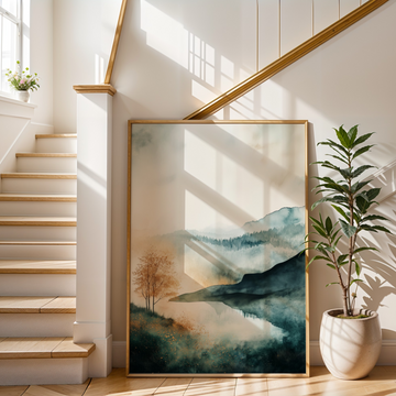 Watercolor Hills and Trees Landscape: Gold Glitter Wall Art. High Resolution Digital Download 300 DPI.