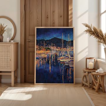 Pixelated Marina Night Oil Painting: Yacht Harbor Wall Art Decor. High Resolution Digital Download 300 DPI.