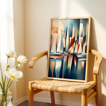 Geometric Marina Night Scene: Modern Yacht Harbor Wall Art Decor. High Resolution Digital Download 300 DPI.