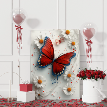Crimson Butterfly Elegance: Lifelike 3D Floral Art on Pure White Canvas. High Resolution Digital Download 300 DPI