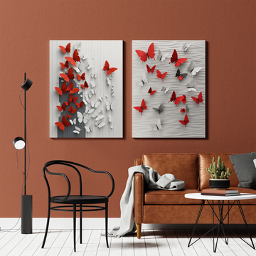 Elegant Butterfly Duo: Red and White Wings on Rustic Wooden Background. High Resolution Digital Download 300 DPI