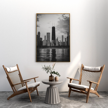 Timeless Chicago Skyline: Elegant Black and White Cityscape Wall Art. High Resolution Digital Download 300 DPI.