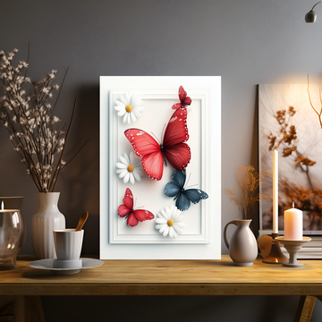 Butterfly Garden Elegance: Red and Blue Wings Dancing with White Daisies. High Resolution Digital Download 300 DPI
