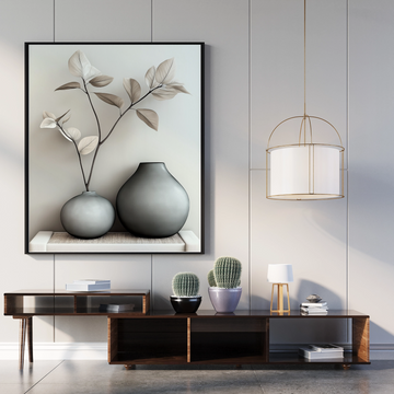 Minimalist Ceramic Elegance: Delicate Branches and Soft Gray Vases in Harmony. High Resolution Digital Download 300 DPI