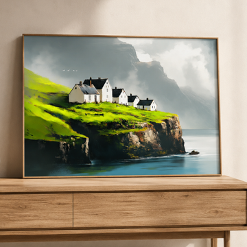 Island Fantasy Wall Art White Houses Black Roofs Green Cliffs. High Resolution Digital Download 300 DPI.