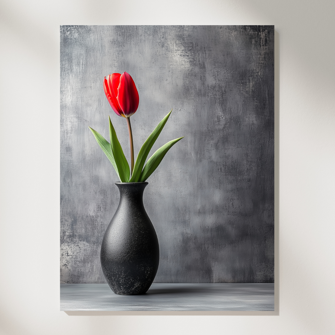 Red Tulip Black Vase Wall Art Dark Gray Concrete Background. High Resolution Digital Download 300 DPI.