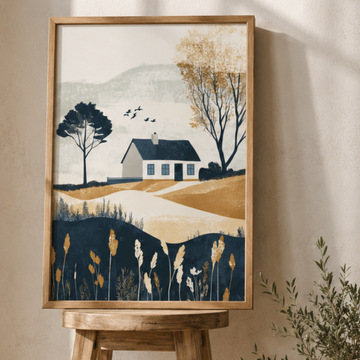 Charming White Cottage, Serene Rural Landscape with Trees and Rolling Hills. High Resolution Digital Download 300 DPI