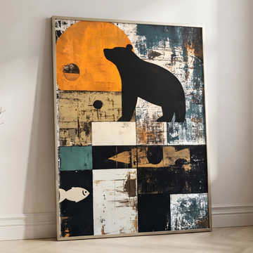 Minimalist Bear and Fish Abstract Collage, Modern Nature Wall Art. High Resolution Digital Download 300 DPI.