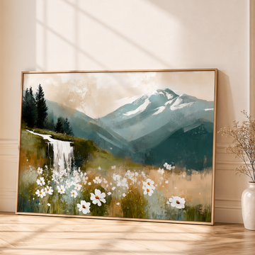 Whimsical Violet Field Wall Art Snow Mountain Waterfall Scenic Sky. High Resolution Digital Download 300 DPI.