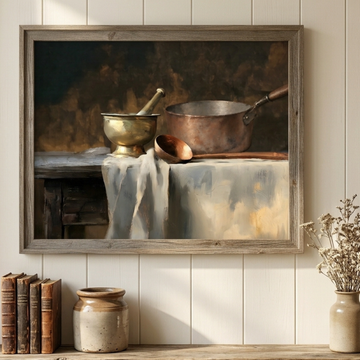 Vintage Kitchen Still Life Oil Painting, Antique Copper Cookware Wall Art. High Resolution Digital Download 300 DPI.