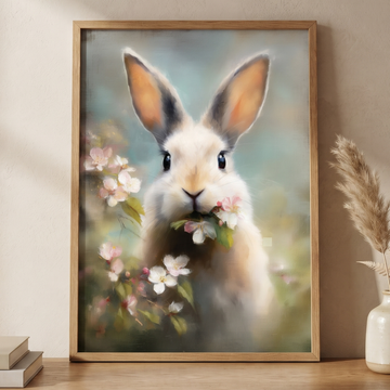 Charming Bunny Portrait with Blossoms Surrounded by Vibrant Garden Greenery. High Resolution Digital Download 300 DPI.