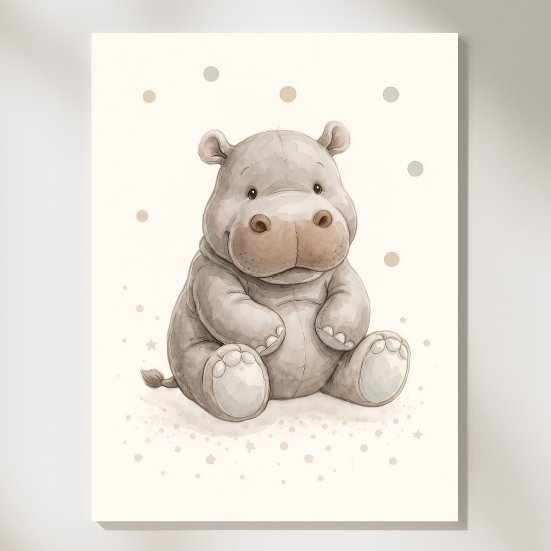 Set of four soft neutral nursery prints of a giraffe, teddy bear, elephant and hippo in wooden frames
