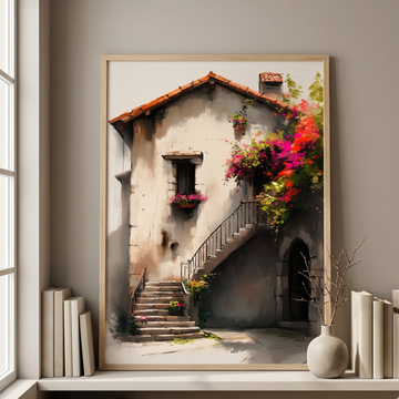 Fantasy Medieval Italian Village Wall Art Isometric Romanesque Corner Residence. High Resolution Digital Download 300 DPI.