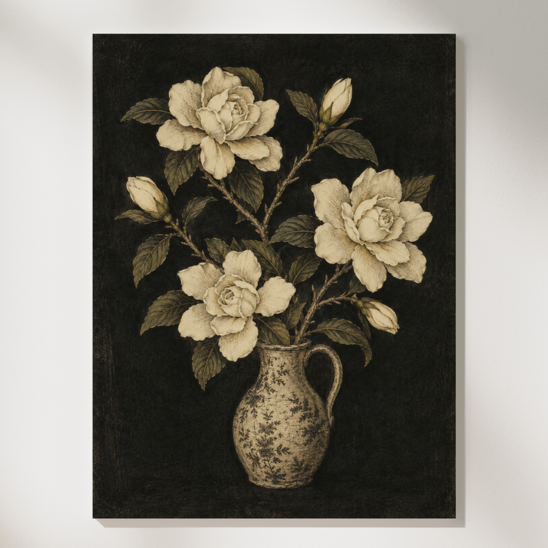 Dark academia botanical art of ivory flowers in an antique vase on a black background