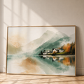Watercolor of autumn trees in teal, orange and cream mirrored perfectly in a still lake