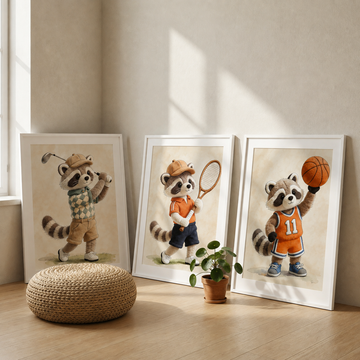Vintage Raccoon Sports Player Nursery Wall Art Print. High Resolution Digital Download 300 DPI.