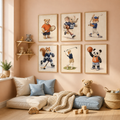 Sports animal prints above a cozy reading nook