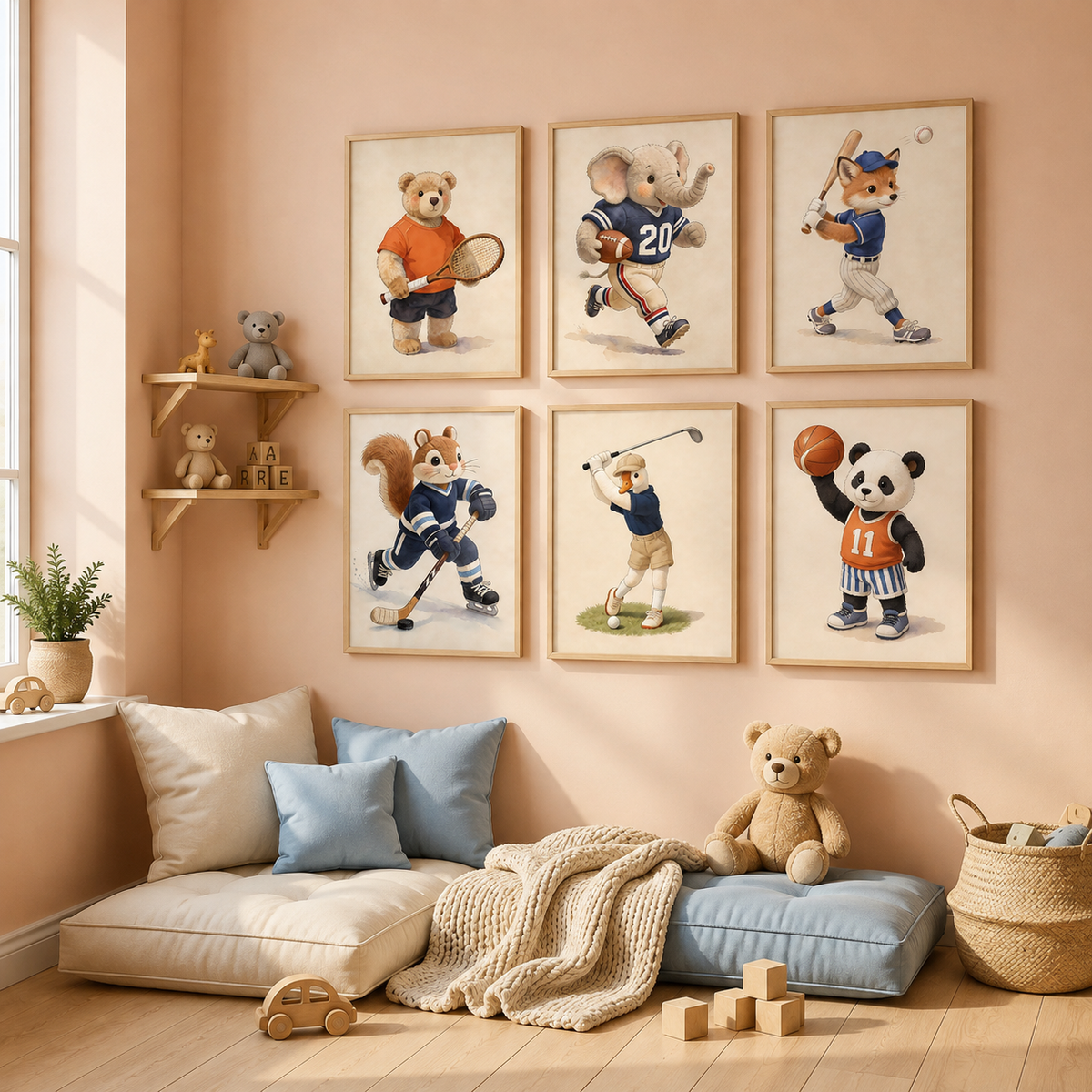 Sports animal prints above a cozy reading nook