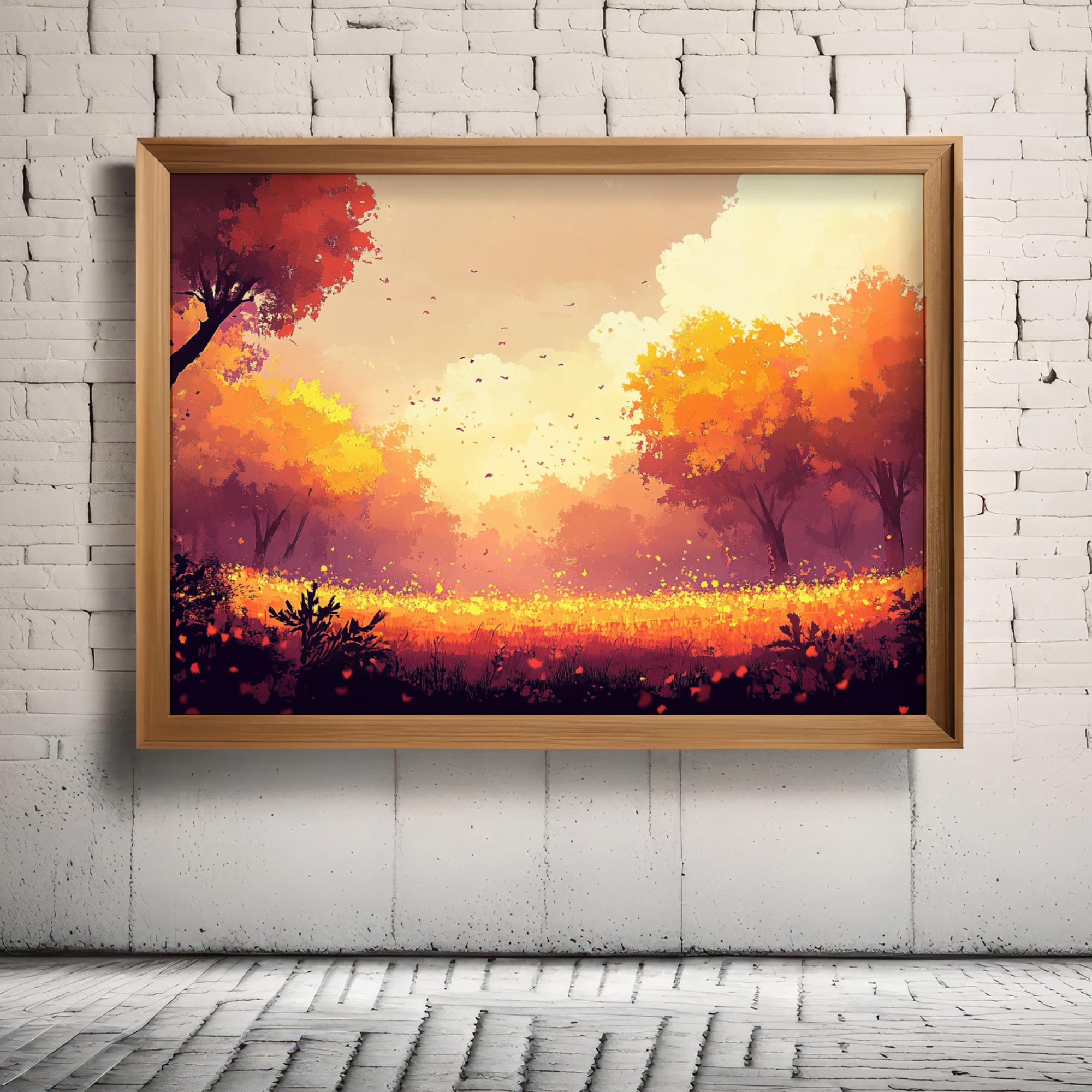 Autumn's Golden Hour: Vibrant Sunset Landscape with Silhouetted Trees and Grassy Field. High Resolution Digital Download 300 DPI