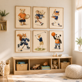 Sports animal print set above a storage bench