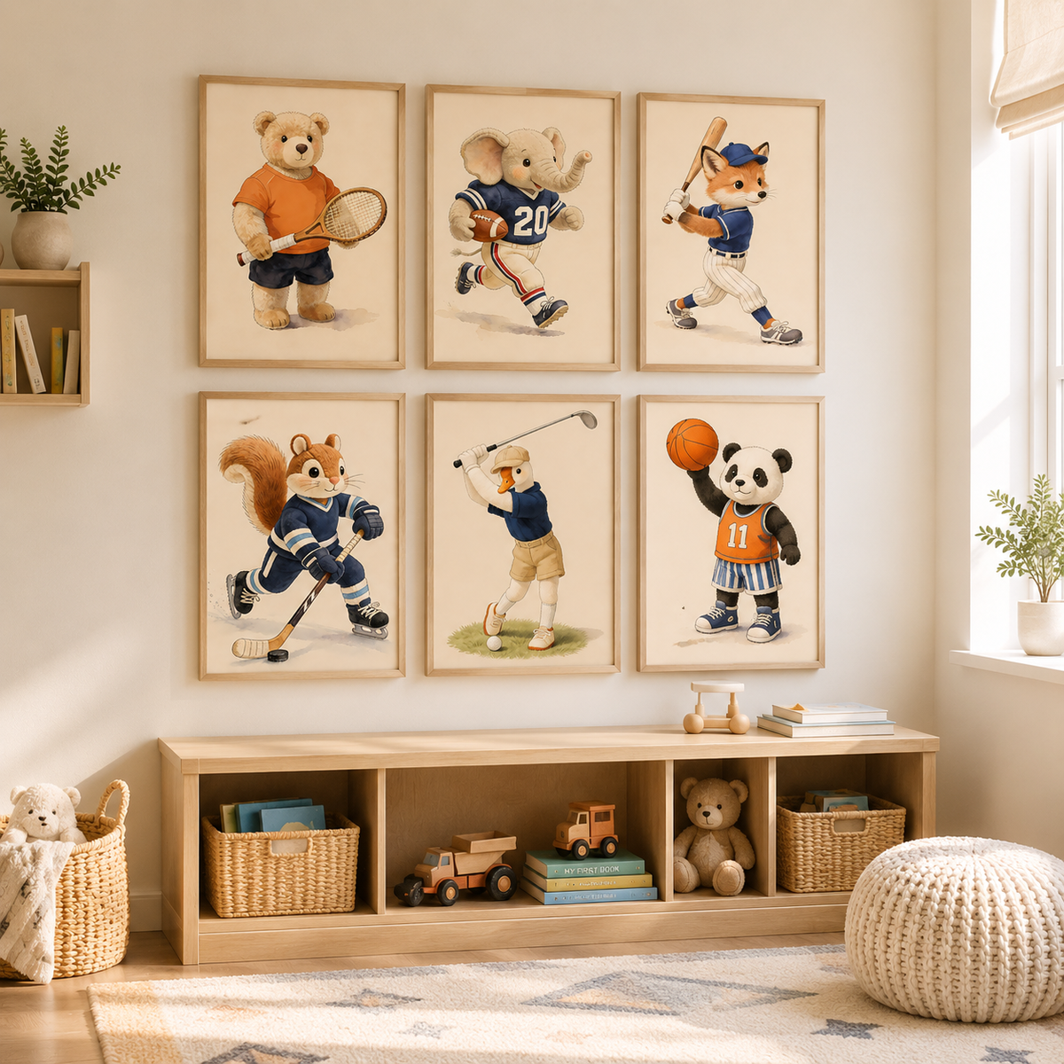 Sports animal print set above a storage bench