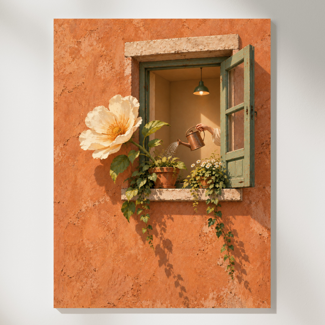 Art of a rustic wooden window with potted plants and a peach flower set in a terracotta orange wall
