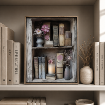 Vintage Junk Journal Wall Art Rustic Bookshelves Candles Flowers Ephemera Cozy. High Resolution Digital Download 300 DPI.