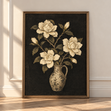 Vintage Ivory Floral Botanical Vase Wall Art Dark Academia Print. High Resolution Digital Download 300 DPI.