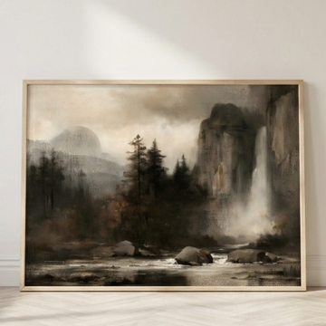 Yosemite Waterfall Vintage Oil Painting, Rustic Mountain Landscape Wall Art. High Resolution Digital Download 300 DPI.