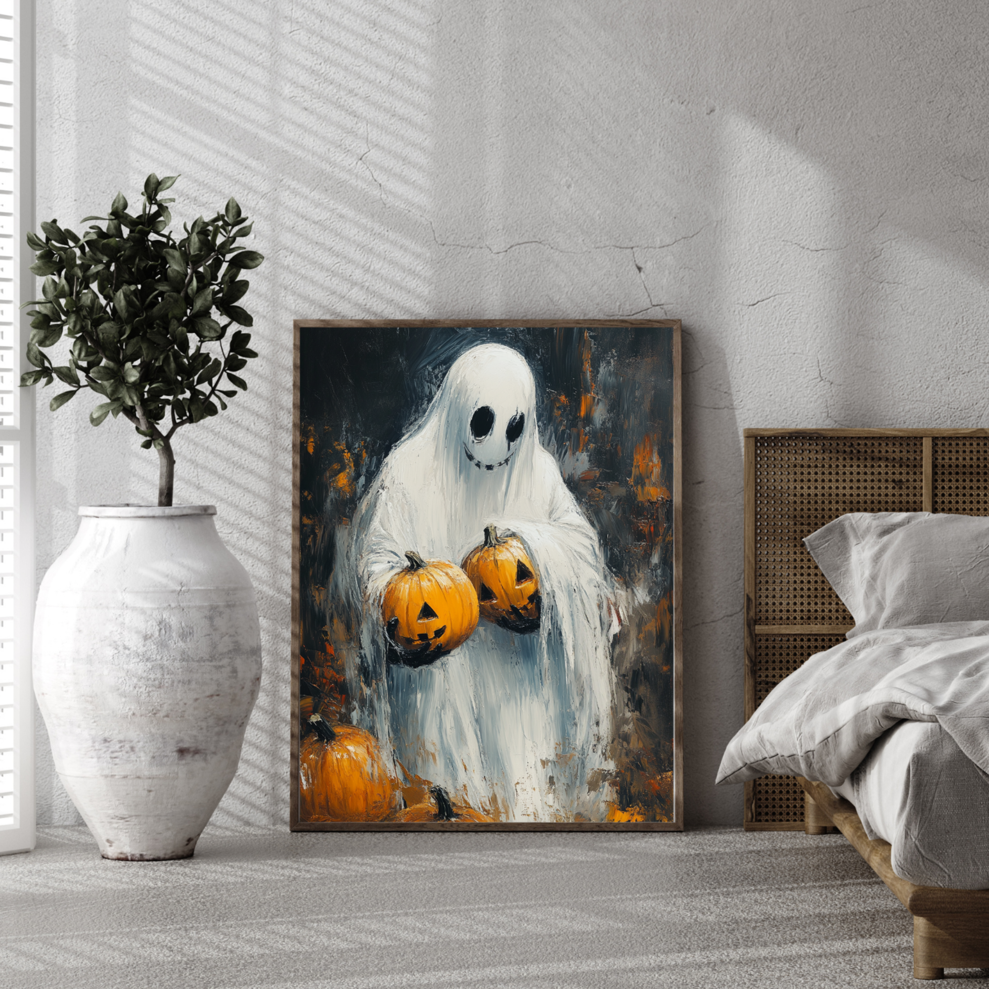 Ethereal Harvest: Impasto Ghost with Pumpkins - Haunting Autumnal Art. High Resolution Digital Download 300 DPI