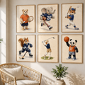 Set of six vintage nursery prints of animals playing sports, including golf, baseball, basketball, football, hockey and tennis