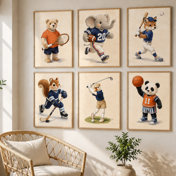Set of six vintage nursery prints of animals playing sports, including golf, baseball, basketball, football, hockey and tennis