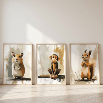 Whimsical Woodland Trio, Squirrel, Monkey, Hamster Cartoon Wall Art Print. High Resolution Digital Download 300 DPI.