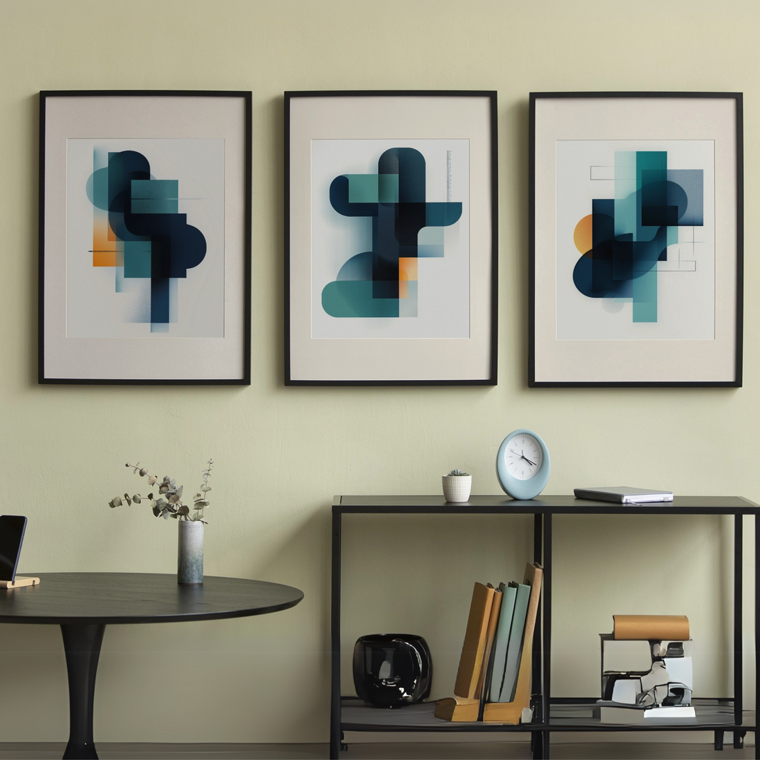 Dynamic Geometric Art: Vibrant Shapes in Orange, Blue, and Green for Creative Spaces. High Resolution Digital Download 300 DPI