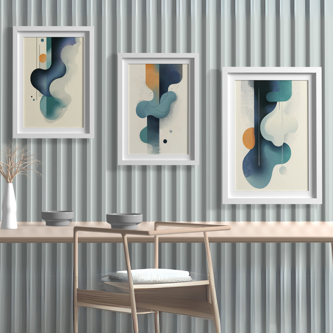 Dynamic Surrealism: Abstract Shapes in Blue, Orange, and Black with Scattered Dots. High Resolution Digital Download 300 DPI