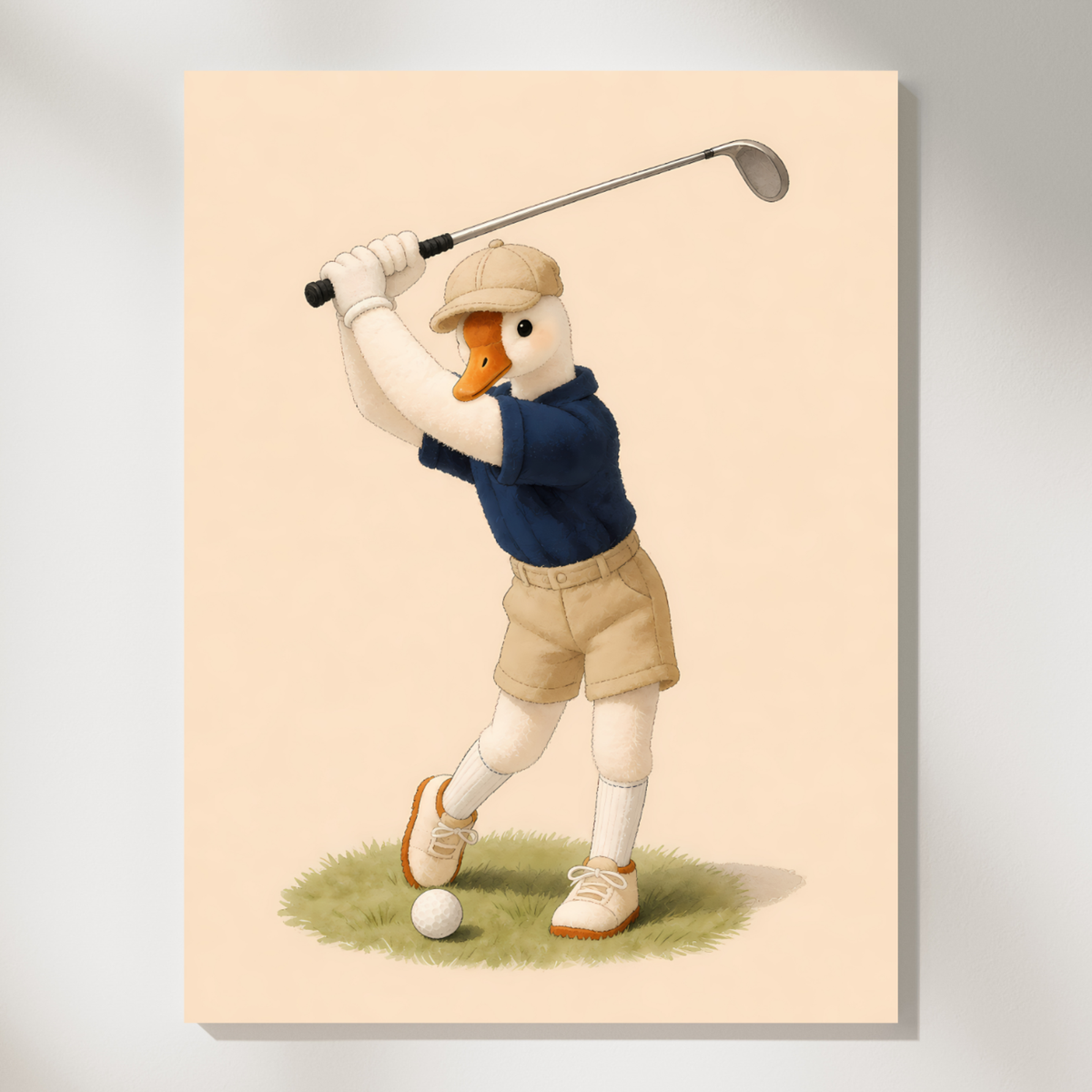 Vintage print of a bear cub swinging a golf club