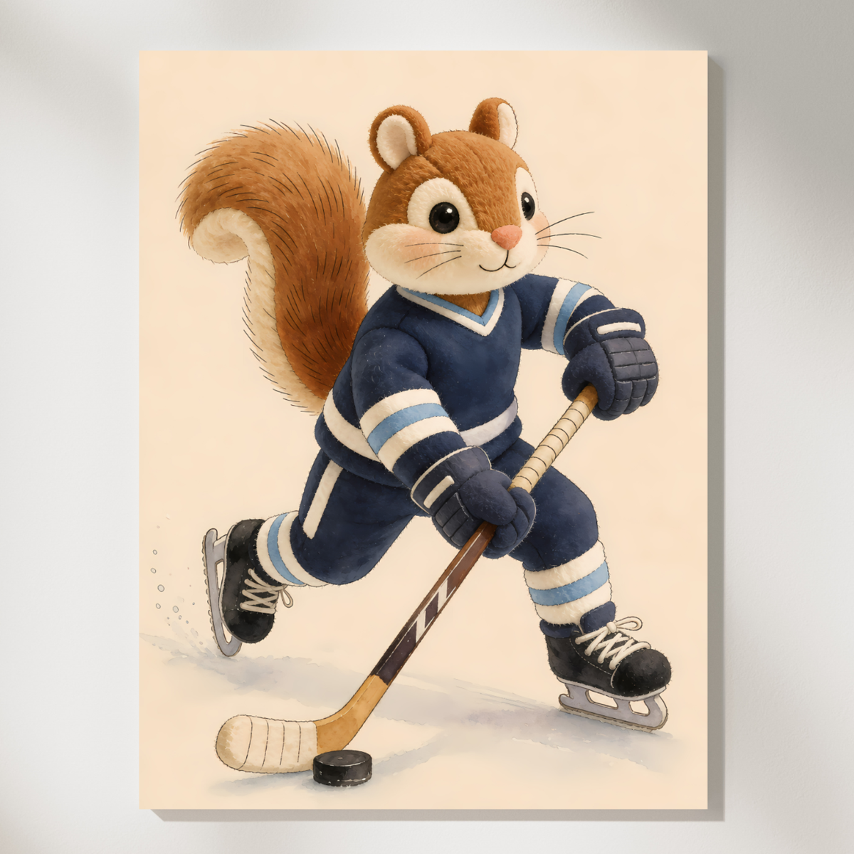 Vintage print of a squirrel playing hockey