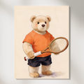 Vintage print of a teddy bear holding a tennis racket