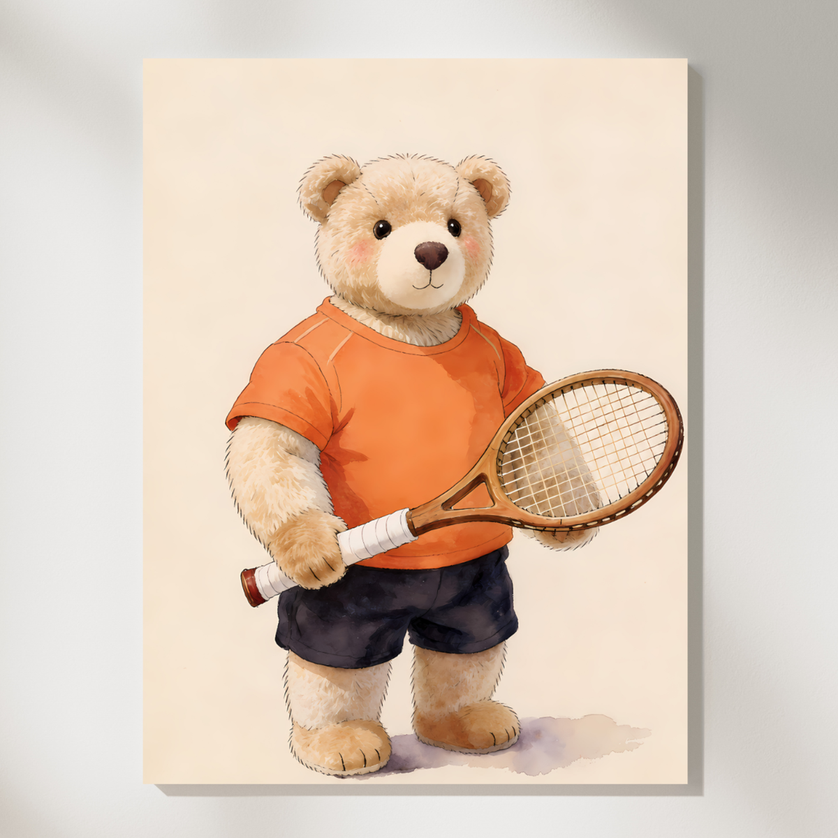 Vintage print of a teddy bear holding a tennis racket