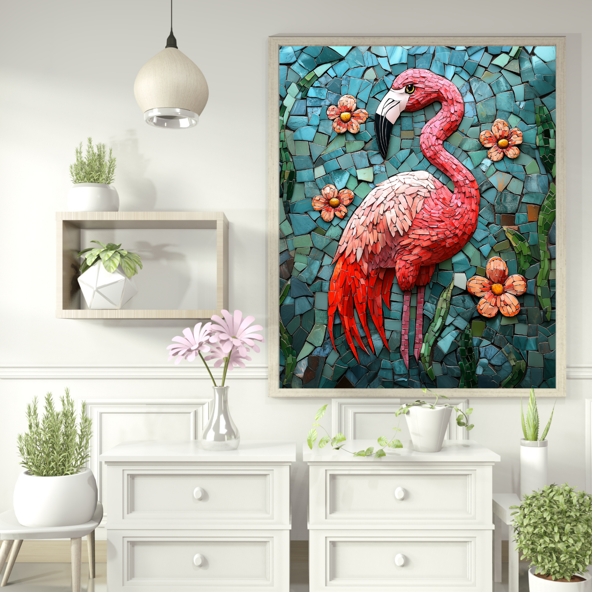 Vibrant Mosaic Flamingo: Stunning Artistic Interpretation of Greater Flamingo Beauty. High Resolution Digital Download 300 DPI