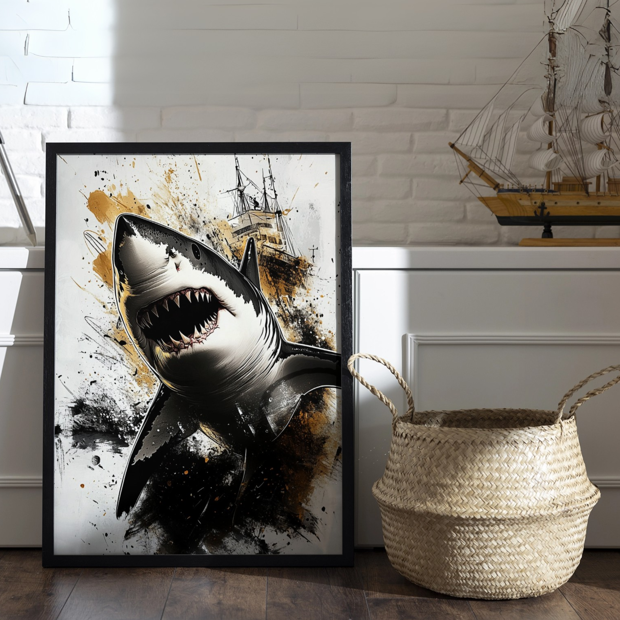 Dramatic Ink Art: Great White Shark Attacking Ship with Exaggerated Perspective. High Resolution Digital Download 300 DPI
