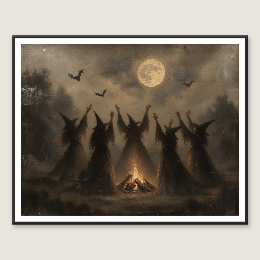 Dark painting of cloaked witches gathered around a bonfire under a full moon with flying bats