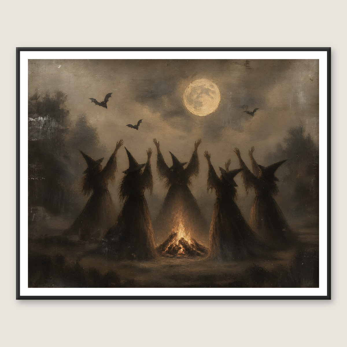Close-up of the witches and full moon painting