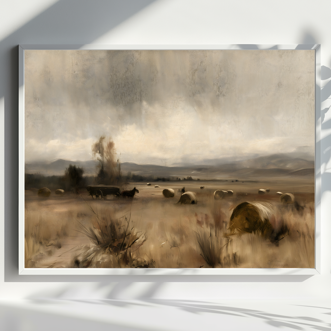 Vintage oil painting of a horse drawn hay wagon crossing a golden field under a soft cloudy sky