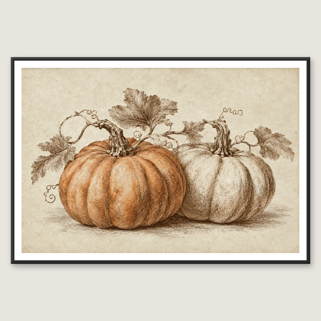 Antique botanical style print of orange and white pumpkins with leaves on aged cream paper