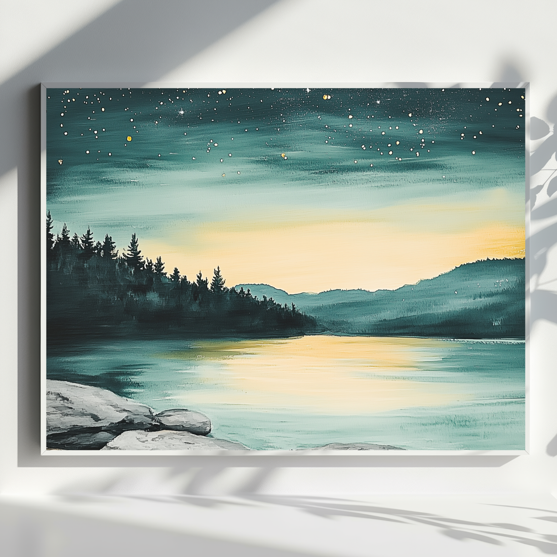 Starry Night Reflections, Luminous Green Lake Under Celestial Sky Art. High Resolution Digital Download 300 DPI.