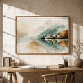 Mirror lake print above a wooden desk