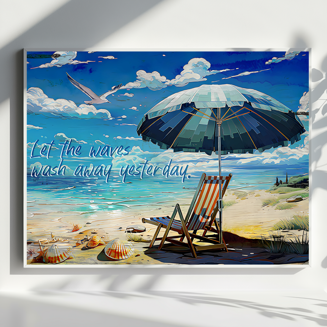 Coastal Beach Scene Painting with Relaxing Umbrella Chair and Inspiring Quote. High Resolution Digital Download 300 DPI.