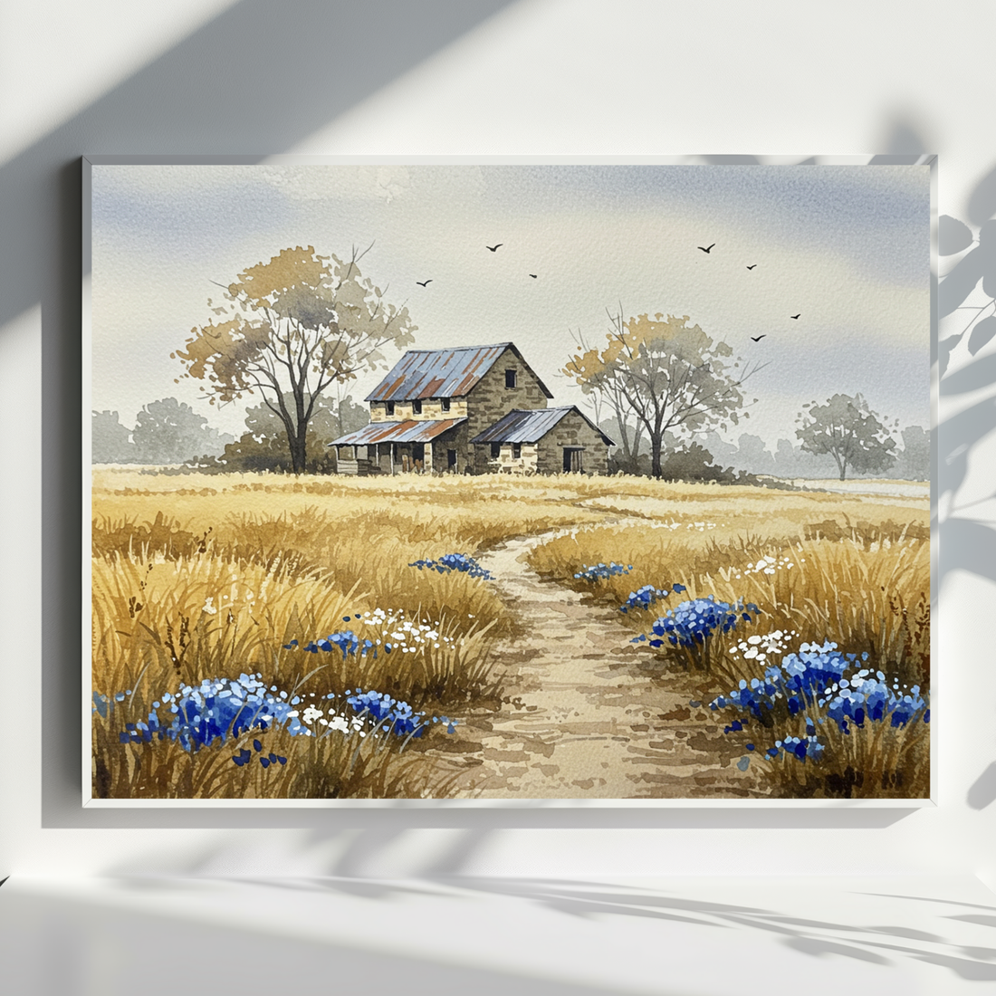 Rustic Watercolor Farmhouse Landscape with Path, Wildflowers, and Autumn Trees. High Resolution Digital Download 300 DPI.