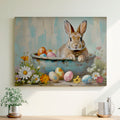 Pastel oil painting of a brown bunny sitting in a blue clawfoot bathtub filled with colorful Easter eggs and flowers